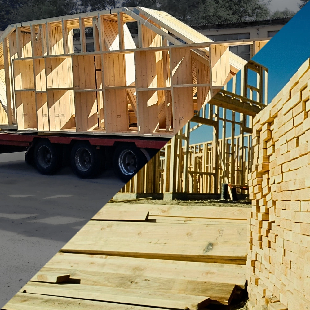 Kolāža: kopņu krava pret dēļu kaudzi būvlaukumā.